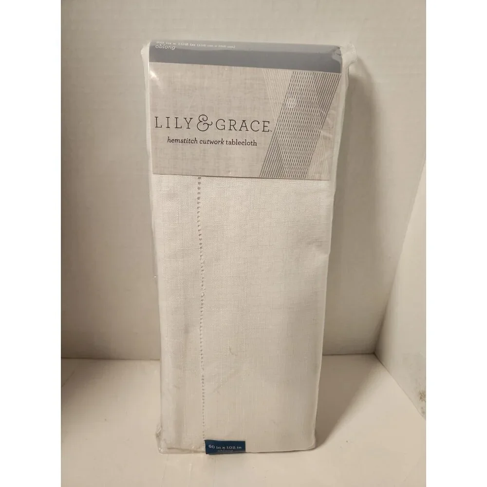Lily‎ & Grace Hemstitch Cutwork Tablelcoth 60x102 Oblong White minimalist New